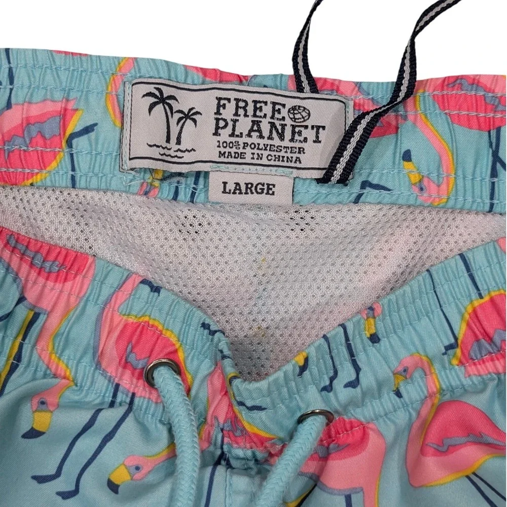 Free Planet‎ Men's Flamingo Swim Trunks Blue Large Elastic Drawstring Waist